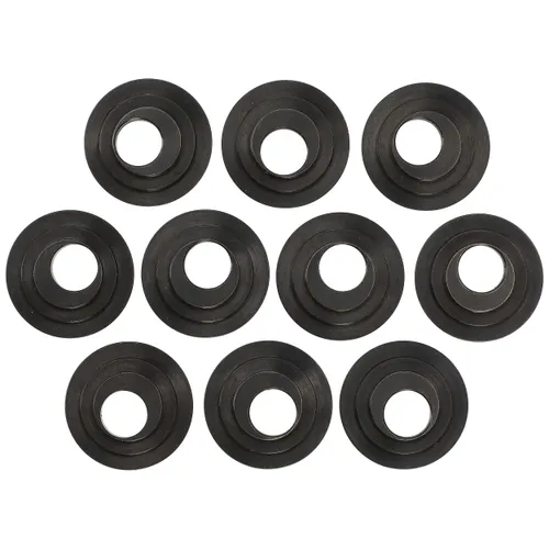 Ten black metal washers neatly arranged in four rows against a white background.