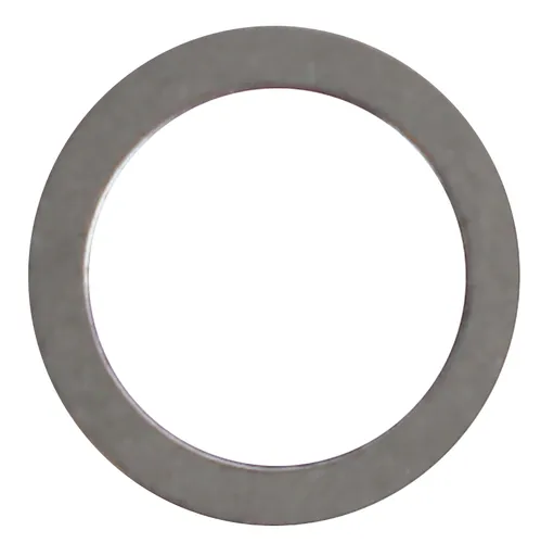 A flat, metallic washer with a circular shape and a hole in the centre, seen from above on a white background.