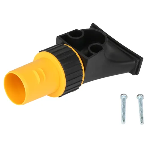 Yellow and black plastic adaptor featuring two screw holes and accompanied by two metal screws. The adaptor includes a cylindrical opening and a flat, angled base.