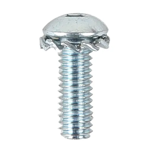 A close-up of a silver metal screw with a round pan head and a partially threaded shank, shown against a white background.