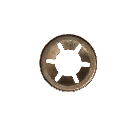 A round metal push-on nut featuring six inward-pointing tabs, shown from above on a white background.