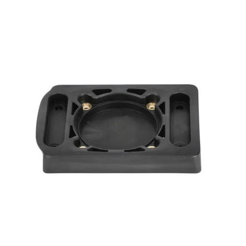 Black rectangular plastic mounting bracket featuring a circular centre opening and four brass inserts, displayed on a white background.
