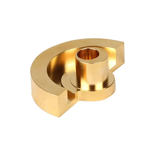 A gold-coloured, semi-circular metal component featuring a central cylindrical section and a threaded hole, set against a white background.