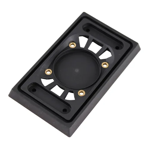 Rectangular black plastic mounting bracket featuring a circular centre, four gold-coloured screw holes, and open slots, designed for securing electronic or mechanical devices.