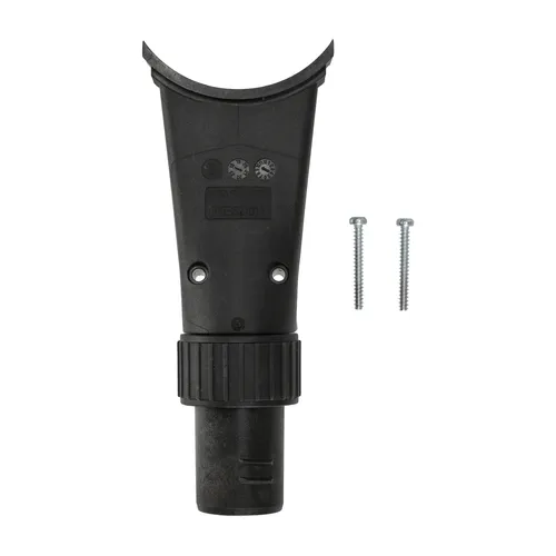 A black plastic connector piece with a curved top and threaded section, accompanied by two silver screws, displayed on a white background.