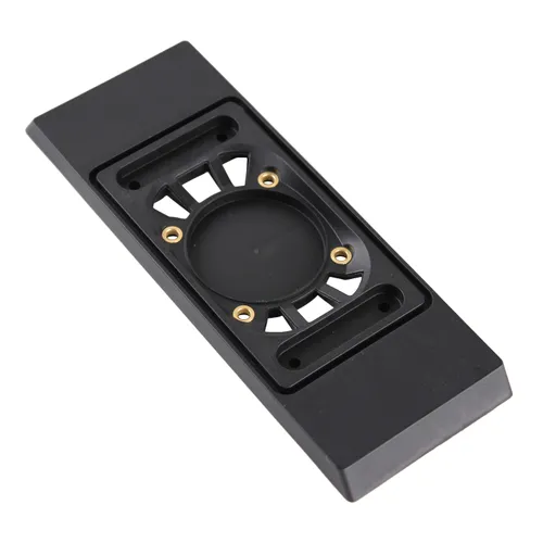 Black rectangular mounting plate with a central circular cut-out, four metal screw holes, and two elongated slots on either side. The design features a grid-like pattern around the centre. The plate is photographed on a white background.