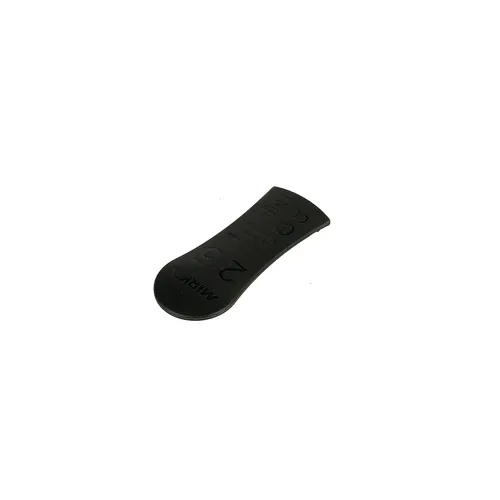 A small, black, curved plastic object with numbers and markings engraved on its surface, placed on a plain white background.