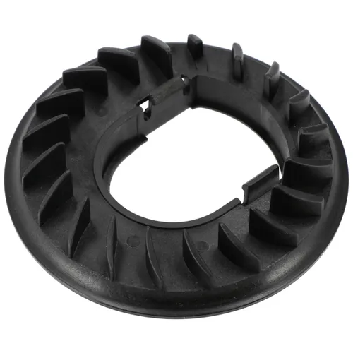Black circular plastic component with angled fins radiating from the centre and an open notch for fitting, possibly a mechanical or automotive part, displayed on a white background.