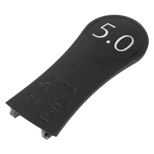 A black plastic cap, likely used as a cover or marker for a specific size or measurement, featuring warning and certification symbols.