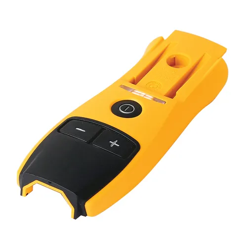 A yellow and black handheld tool with a power button, plus and minus buttons, and a slot at the top, possibly an electronic device or remote control.