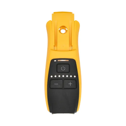A yellow and black electronic handheld remote with multiple buttons, including power, plus, and minus symbols, arranged on the front.