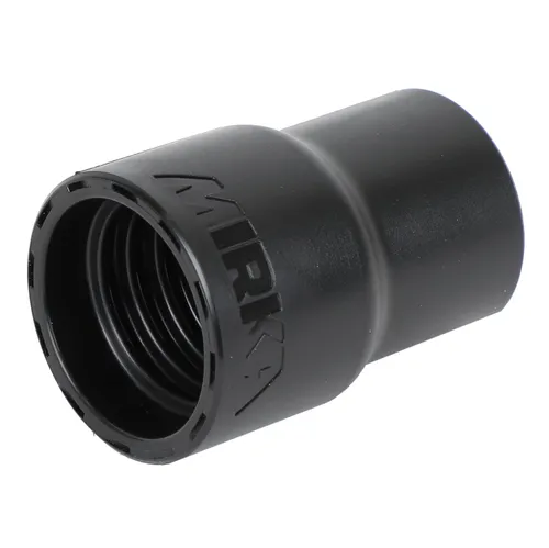 A black plastic hose adaptor with threading inside one end. The adaptor is cylindrical and photographed on a white background.