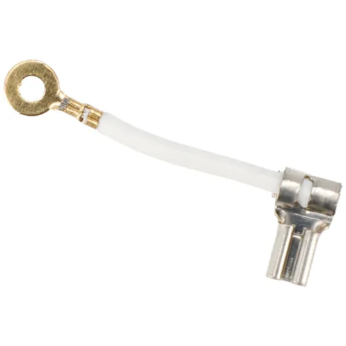 A white wire featuring a metal ring terminal on one end and a female spade connector on the other, designed for electrical connections.