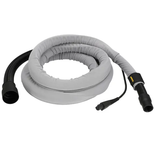 A coiled grey insulated vacuum hose with black plastic connectors on both ends, shown against a white background.