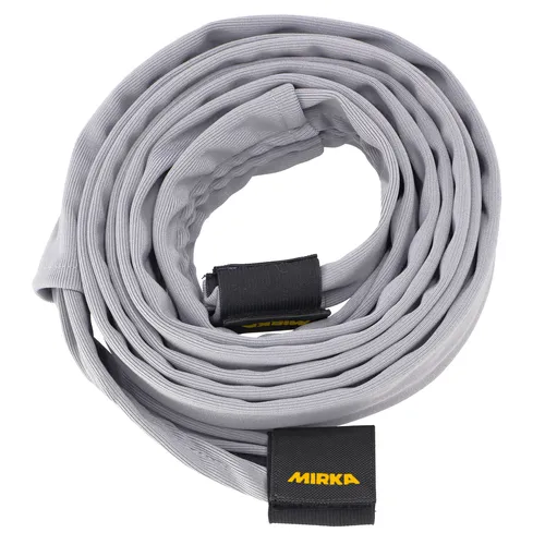 A coiled grey hose with black and yellow tags at both ends, displayed on a white background.