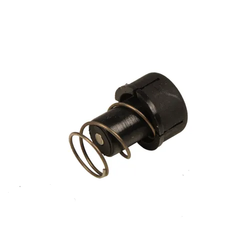 A small black plastic and metal component with a cylindrical shape, attached metal spring, and a round silver pin on one end, shown against a white background.