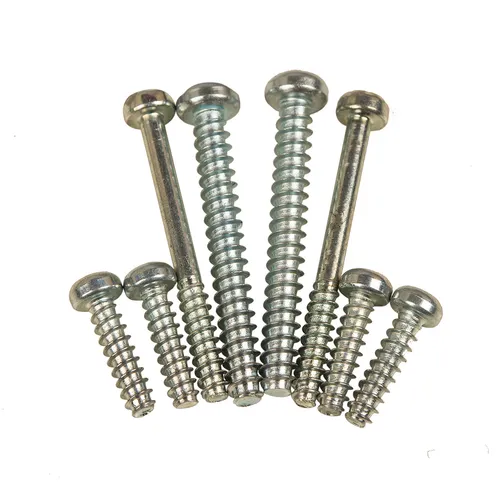 Seven silver metal screws of different lengths and thicknesses are lined up in a row on a white background.