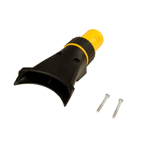 A black and yellow plastic tool attachment with a wide, flat end and two silver screws next to it on a white background.