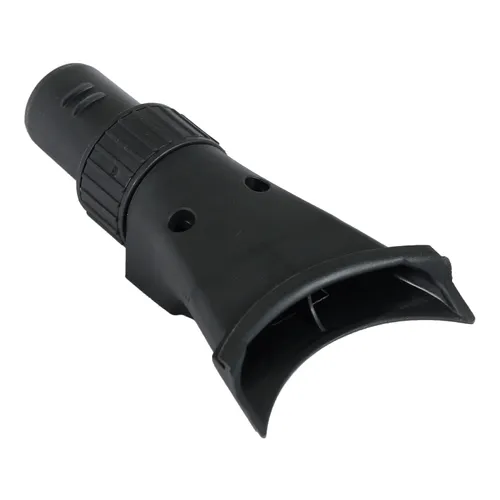 Black plastic vacuum cleaner brush attachment featuring a curved, wide opening and a cylindrical connector designed to attach to a vacuum hose.