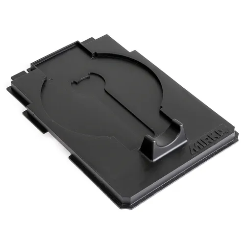 A black, rectangular plastic holder featuring cut-outs and grooves, designed to securely hold and display a single coin or medallion.