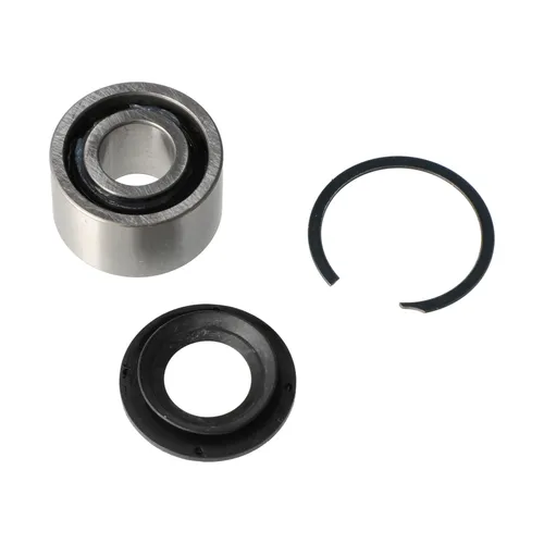A metal bearing, a black rubber seal, and a black retaining ring are arranged on a white background.