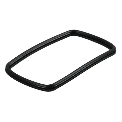 A black, rectangular rubber gasket or seal with rounded corners, lying flat on a white background.
