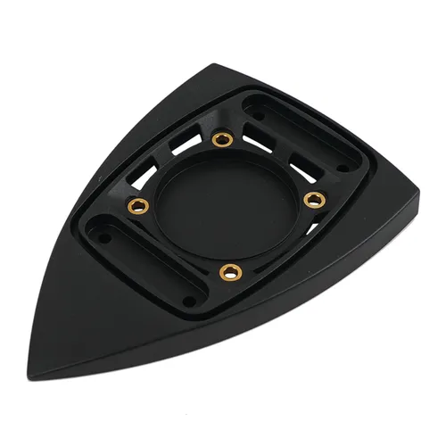 A black, triangular, shield-shaped metal plate featuring a circular centre and four gold-coloured screw holes arranged around it.
