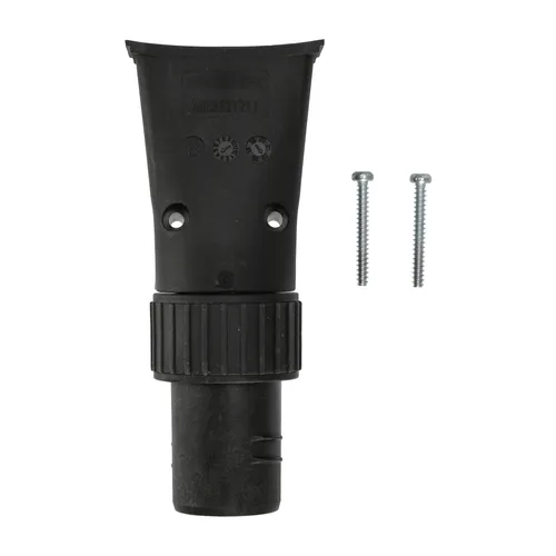 A black plastic vacuum hose adaptor with a ridged grip and two silver screws, positioned on a white background.