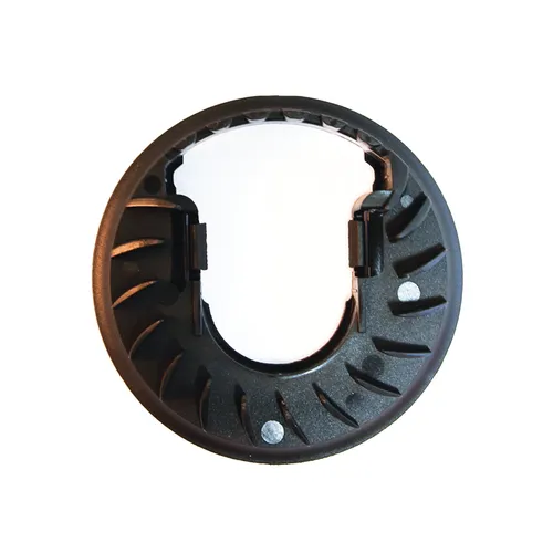 A round black plastic item featuring a U-shaped opening and a ridged design, seen from above on a white background.