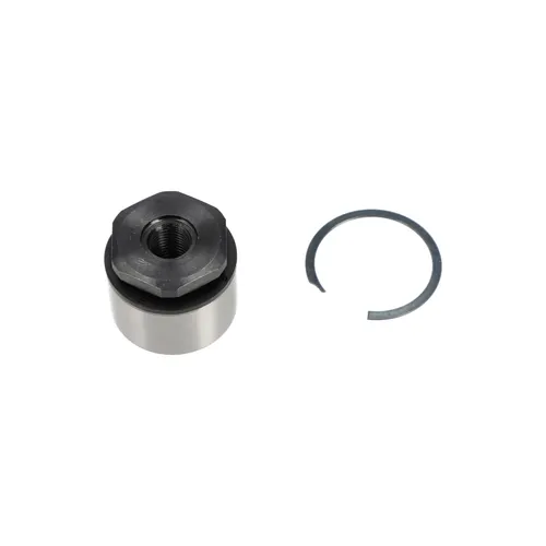 A metal mechanical part featuring a hexagonal black top and cylindrical silver body, placed beside a thin circular retaining ring on a white background.