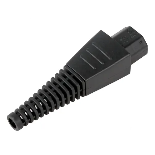 A black plastic cable connector featuring a ribbed, flexible strain relief section and a rectangular housing at one end.