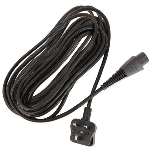 A black power cable featuring a UK three-pin plug on one end and an IEC C13 connector on the other, coiled neatly.