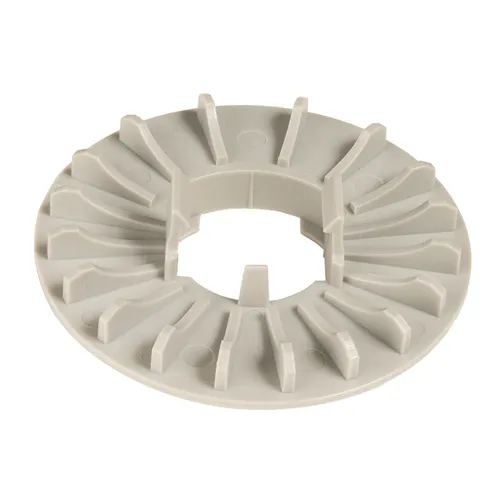 A round, light grey plastic spacer featuring a central hole and evenly spaced vertical fins extending outward from the centre.