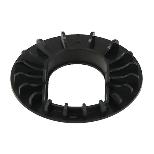 A round black plastic part featuring a large central hole and curved, raised ridges along its edge, functioning as a spacer or support in mechanical assemblies.
