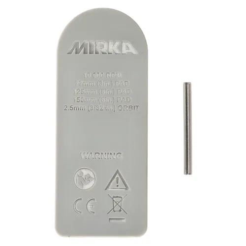A grey Mirka sanding tool label next to a small cylindrical metal rod, both on a white background.