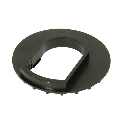 A black, round plastic component featuring a raised, oval-shaped opening at its centre, set against a white background.