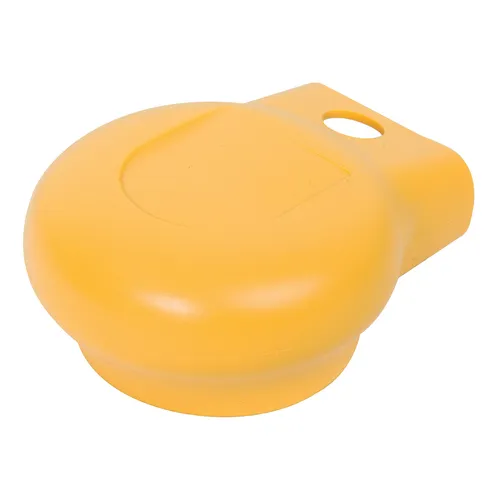 A yellow, round plastic device with a flat top and a small hole near one edge, likely used as a lockout cover or protective cap for industrial equipment.