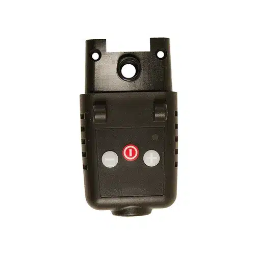 A black plastic remote control with three buttons: a grey minus, a red circle, and a grey plus. There is a circular hole and two smaller holes at the top of the device.
