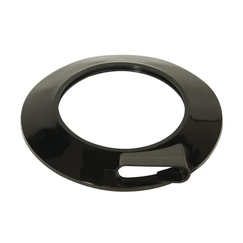A black, circular plastic ring featuring an open slot on one side, similar to a lid or collar intended to fit round the neck of a container.