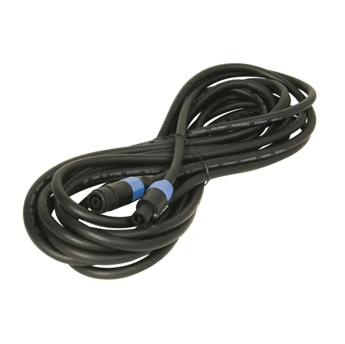 A coiled black audio cable with blue and black connectors at each end, designed for professional audio equipment.