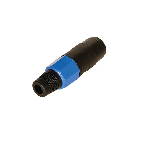 Black and blue pneumatic quick-connect fitting with a hexagonal middle section, featuring threaded male and female ends.