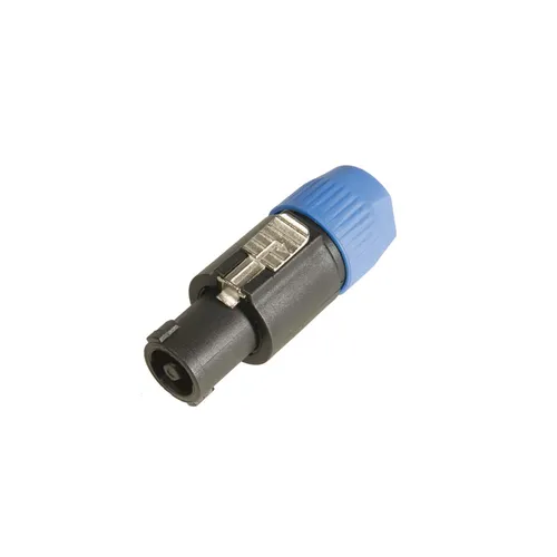 A black and blue Speakon audio connector, used for connecting loudspeakers to audio amplifiers, isolated on a white background.