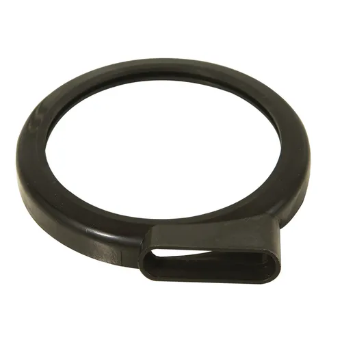 A black plastic ring featuring a flat, rectangular extension on one side that looks like a handle or spout.