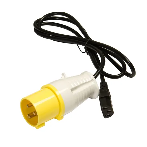 A black power cable featuring a yellow and white industrial plug on one end and a black IEC C13 connector on the other, loosely coiled on a white background.