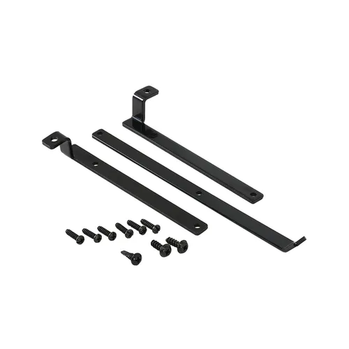 Two black metal mounting brackets and eight black screws displayed on a white background.