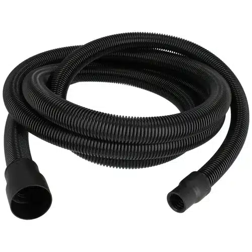 A coiled black flexible vacuum hose with ribbed texture, featuring connectors on both ends, placed against a plain white background.
