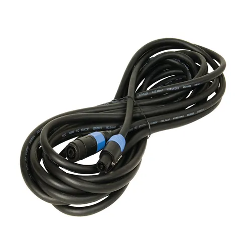 A coiled black audio cable with blue and black connectors on each end, designed for use with professional audio equipment such as speakers or amplifiers.