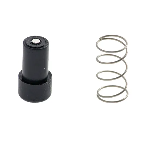 A black cylindrical plunger and a metal coil spring are placed side by side on a white background.