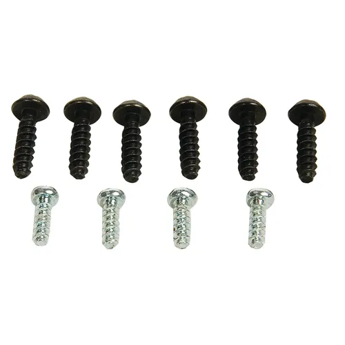 Four black screws and four silver screws arranged in two rows on a white background; the black screws are on the top row, and the silver screws are on the bottom row.