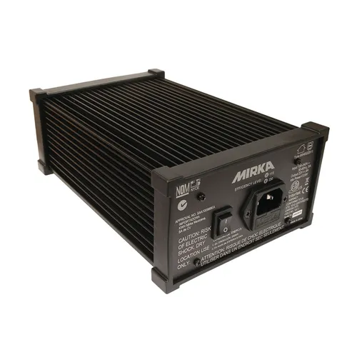 A black Mirka industrial power supply unit with ribbed sides, a power switch, input socket, and safety warnings displayed on the front panel.